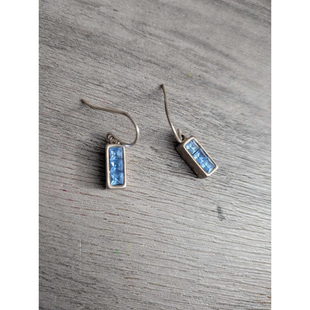 Blue Crystal Silver Tone Rectangle Drop Earrings French Wire Dangle Geometric